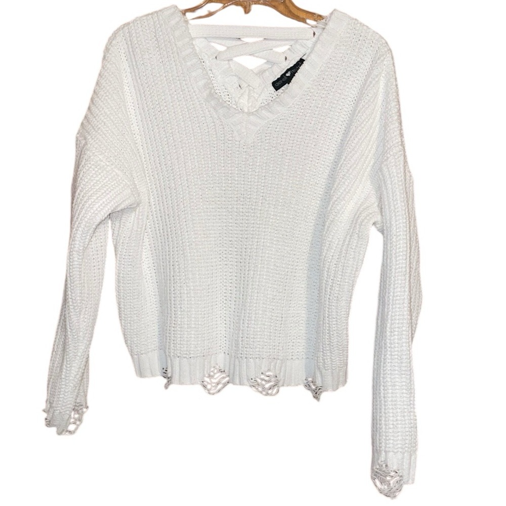 •DEREK HEART•NWOT WHITE DISTRESSED HEM KNIT V NECK CHUNKY SWEATER SIZE XL